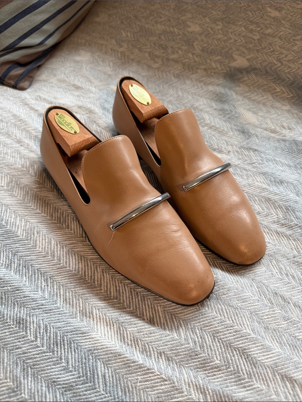 Via Spiga Tan Leather Slip-On Loafers with Silver Accent